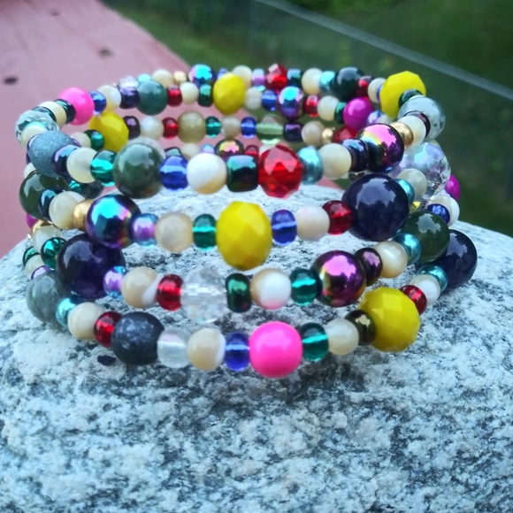 NEW Handmade Jasper Mother of Pearl Agate Jasper Beaded Bracelet Unique Cute - Picture 3 of 8